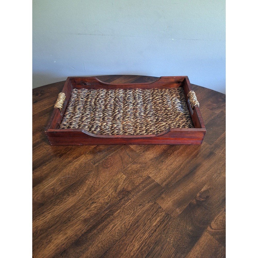 Rustic Wood and Woven Seagrass Serving Tray with Handles Brown Rectangle 17.5in - Picture 6 of 7